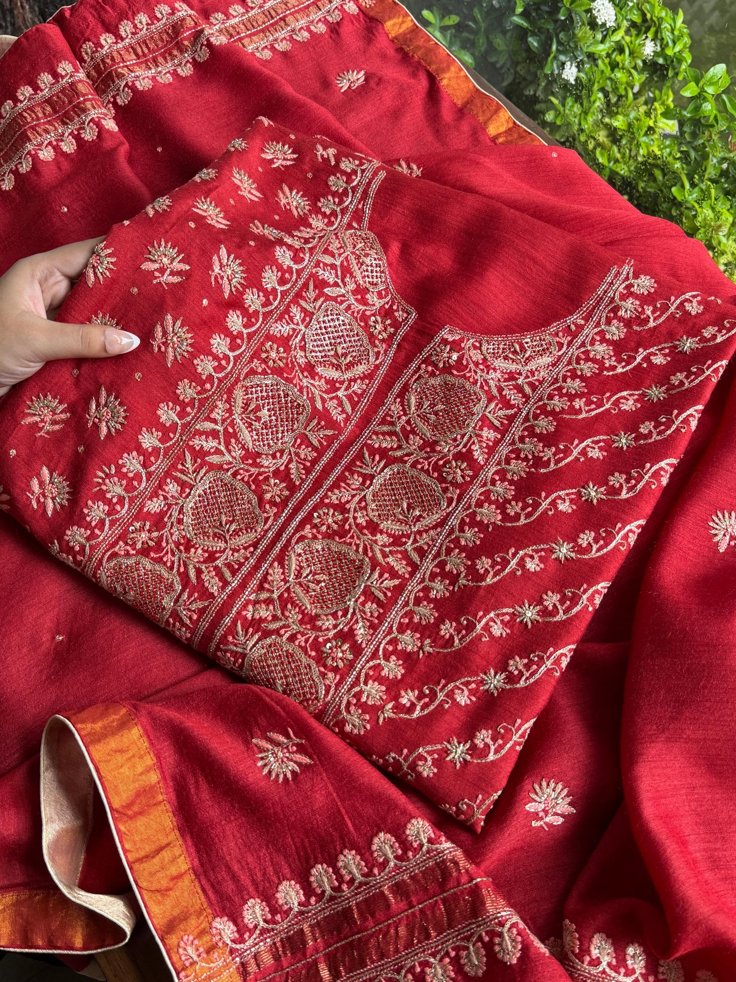 Deep Red Shade Moonga Silk Chikankari Unstitched Fabric