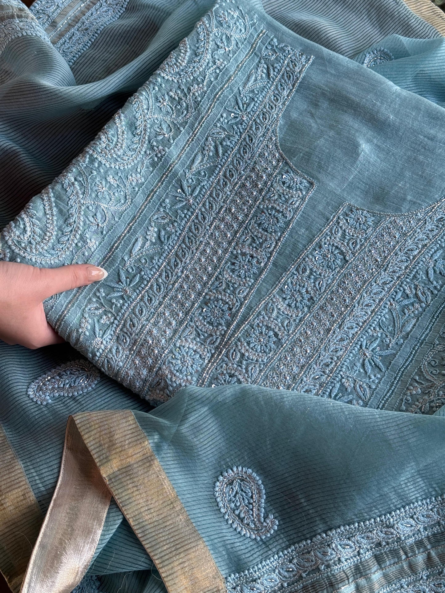 Sky Blue Shade Linen Silk Chikankari With Ari Work Unstitched Kurta Dupatta Set