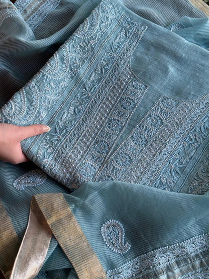 Sky Blue Shade Linen Silk Chikankari With Ari Work Unstitched Kurta Dupatta Set