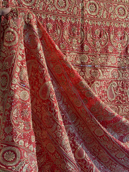 Deep Coral Shade Heavy Chikankari Jwelled Chikankari Sequinned Saree