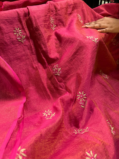 Hot Pink Tissue Silk Chikankari Unstitched Fabric