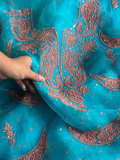 Peacock Blue Noor Organza Silk Chikankari Unstitched Kurta Dupatta Set