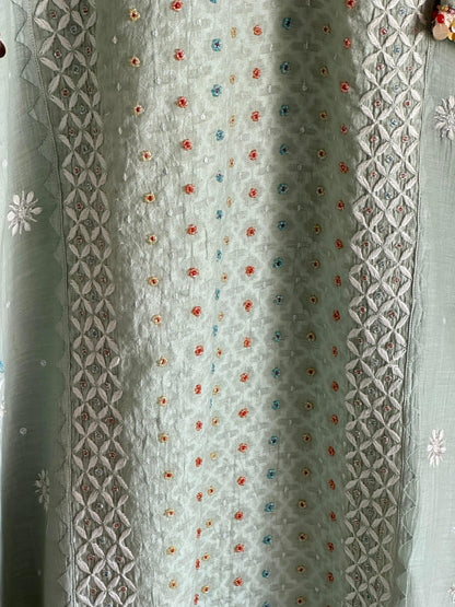 Mint Green Shade Jacquard Sequins Chikankari Kurta Set