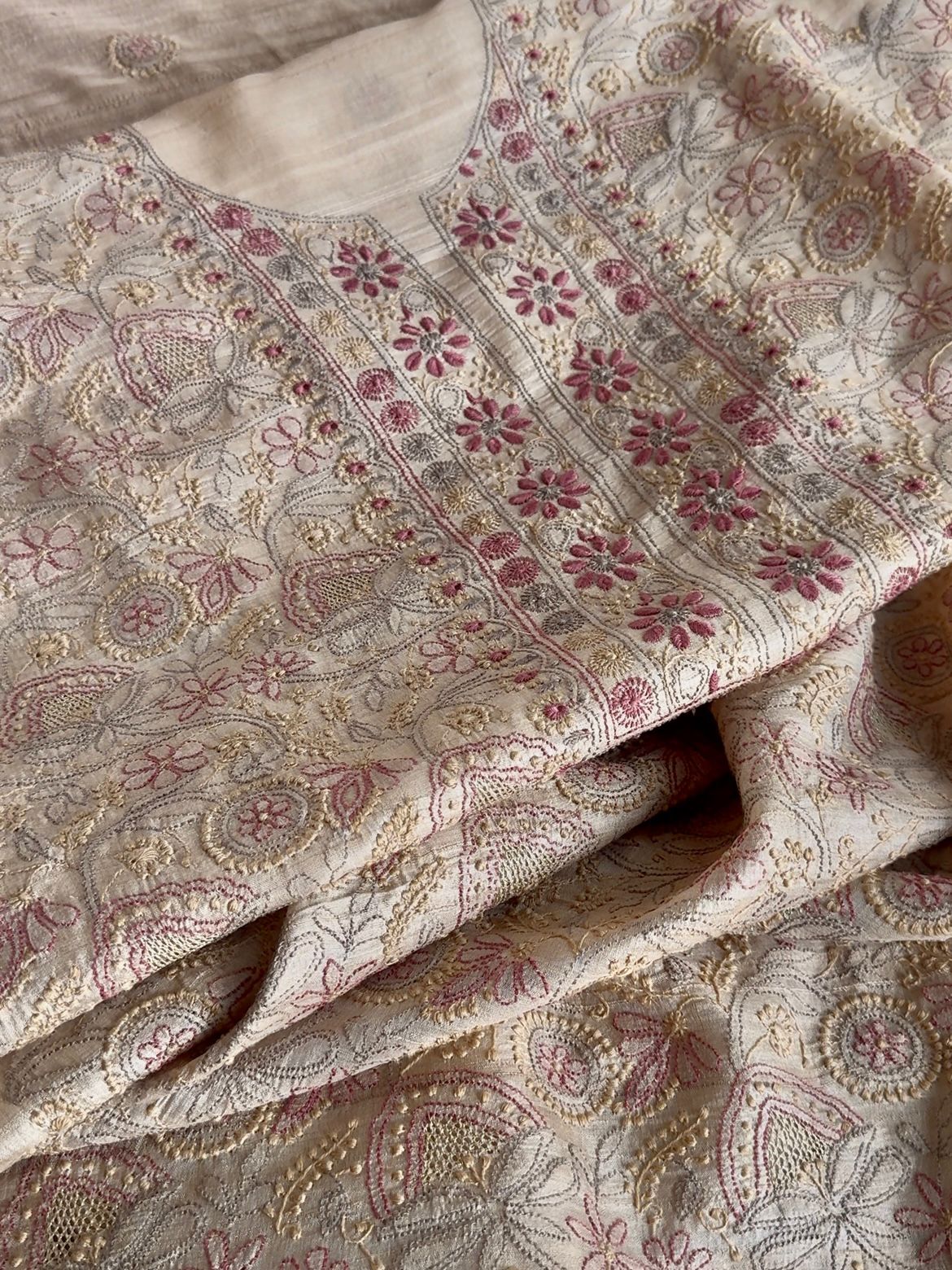 Natural Tussar Silk Chikankari Fabric