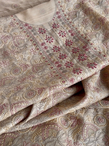 Natural Tussar Silk Chikankari Fabric