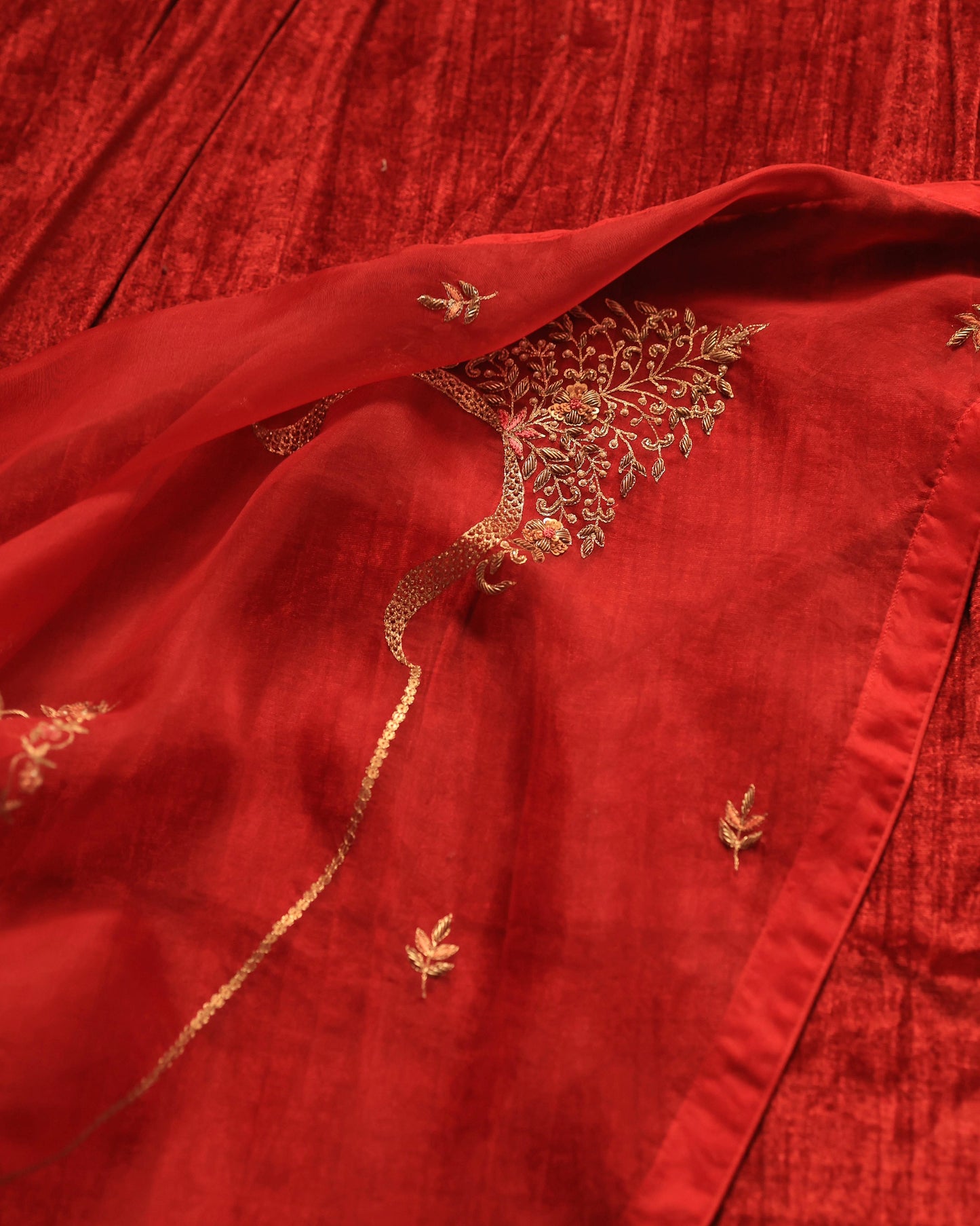 Red Maheshwari Silk Awadhi Zardosi Kurta Set
