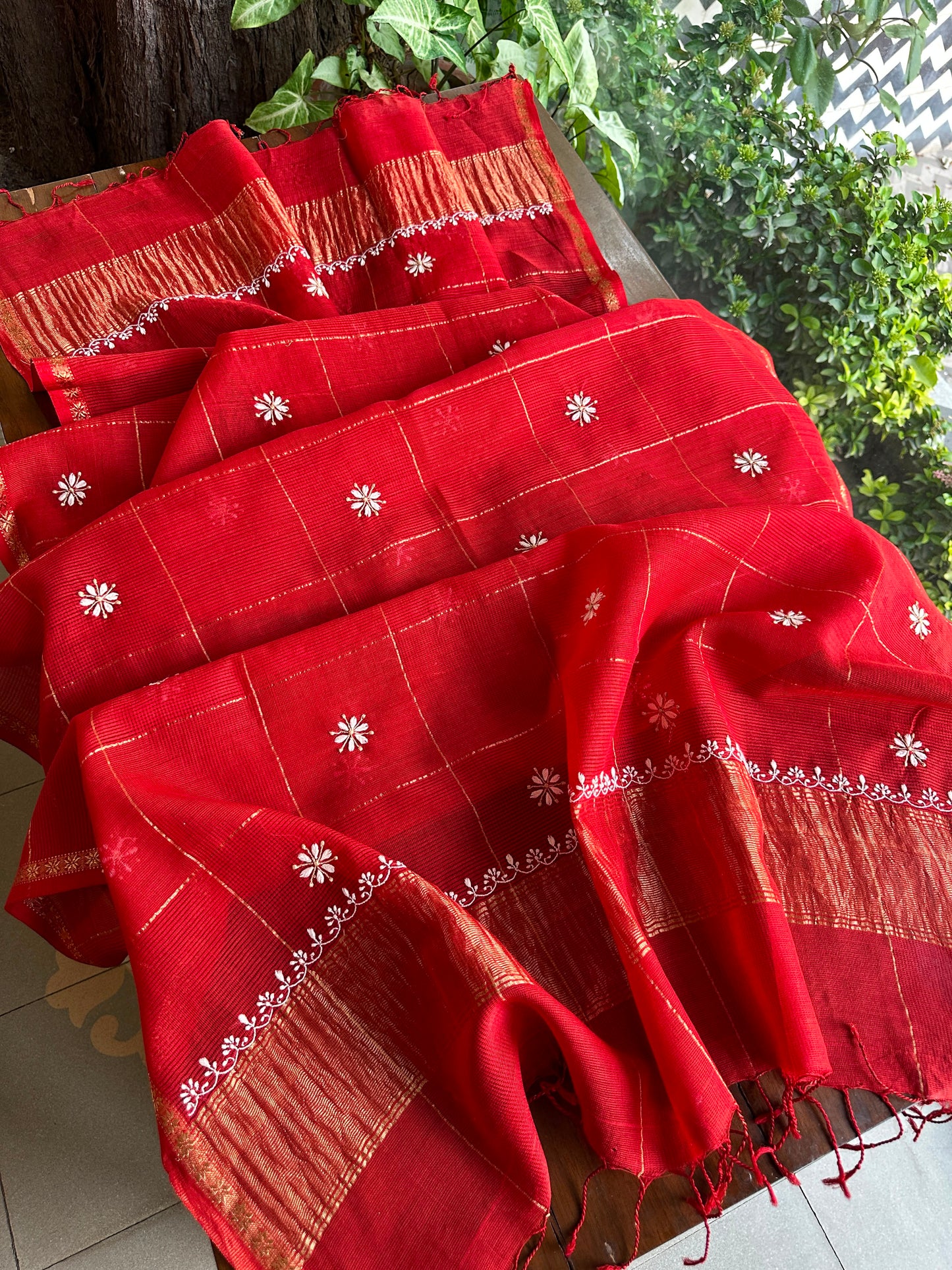 Red Shade Tissue Zari Kota Chikankari Unstitched Fabric