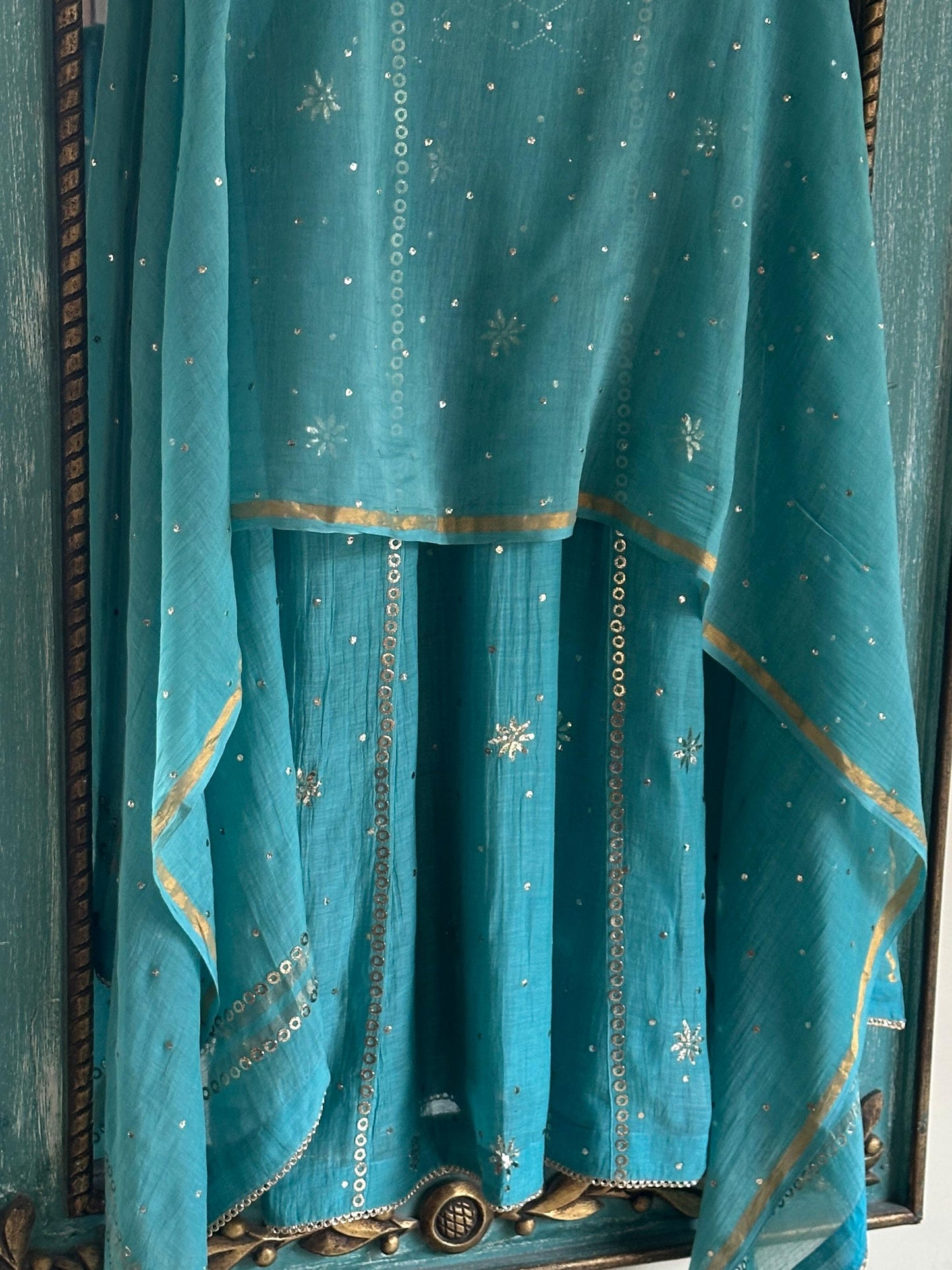 Sea Green Shade Mukaish Mul Chanderi Silk Dress