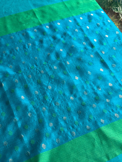 Blue Woven Butta Saree with Contrast Green Border