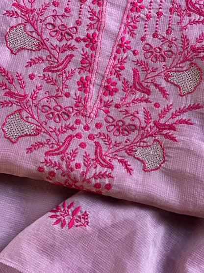 Mauve Pink Shade Kota Chikankari Unstitched Suit Fabric