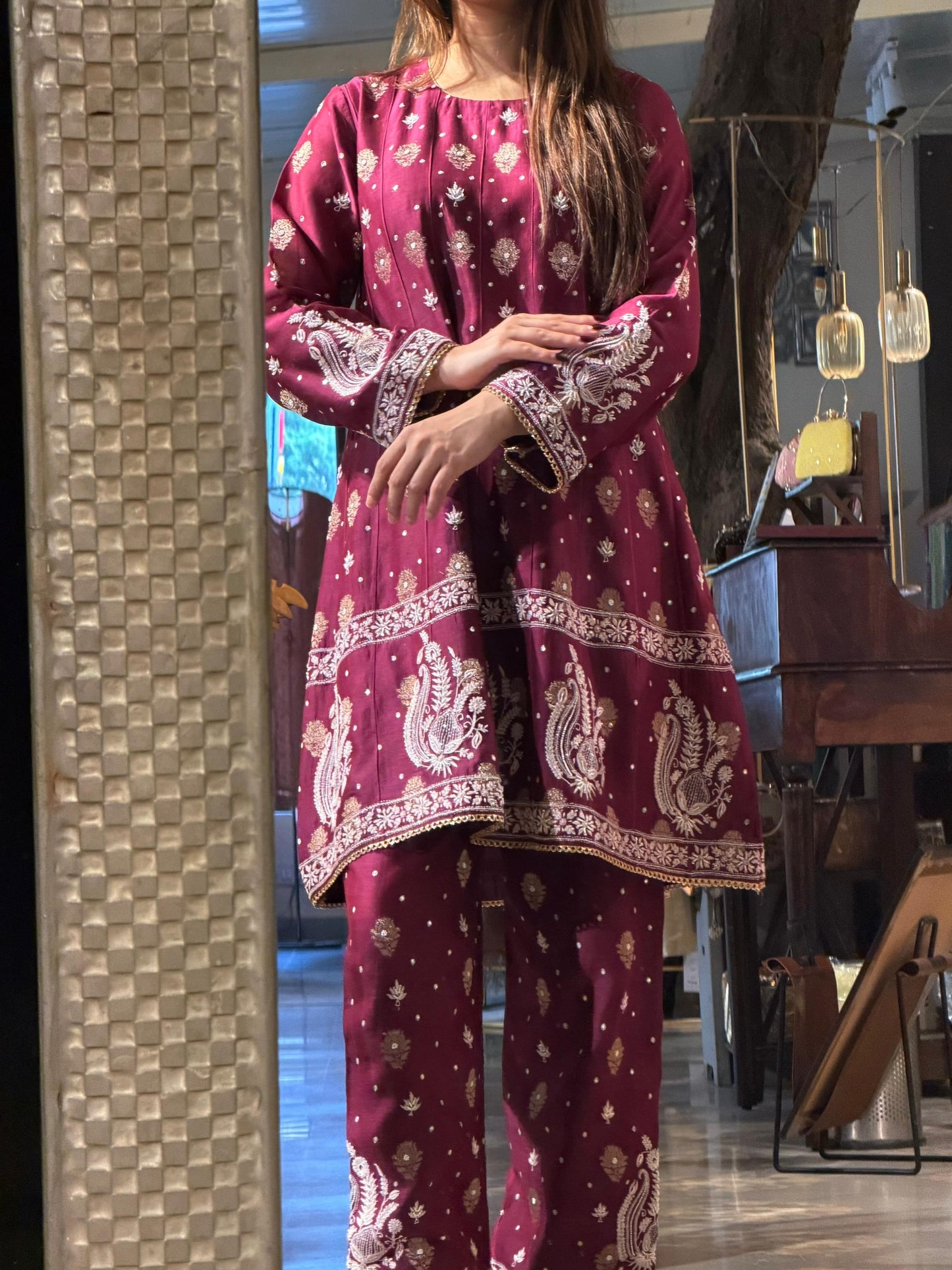 Plum Purple Zari Chanderi Chikankari Co-Ord Set
