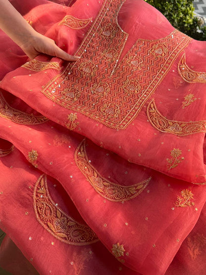 Peach Shade Noor Organza Silk Chikankari Unstitched Fabric
