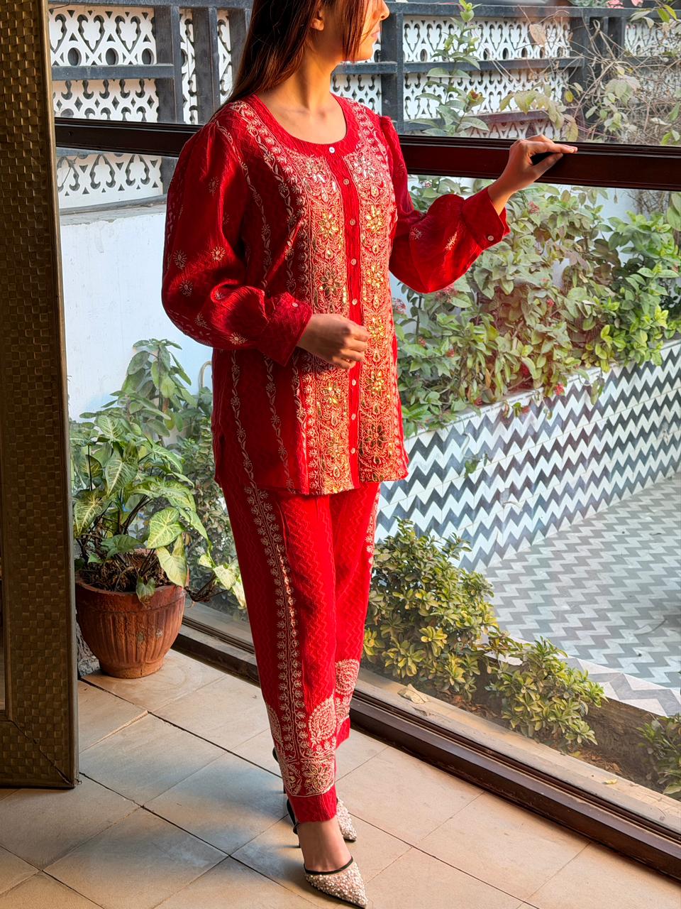 Crimson Red | Jacquard Sequins Chikankari Co-Ord Set