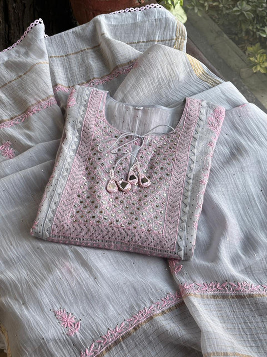 Pastel Grey Malmal Mukaish Kamdani Chikankari Stitched Kurta Dupatta Set