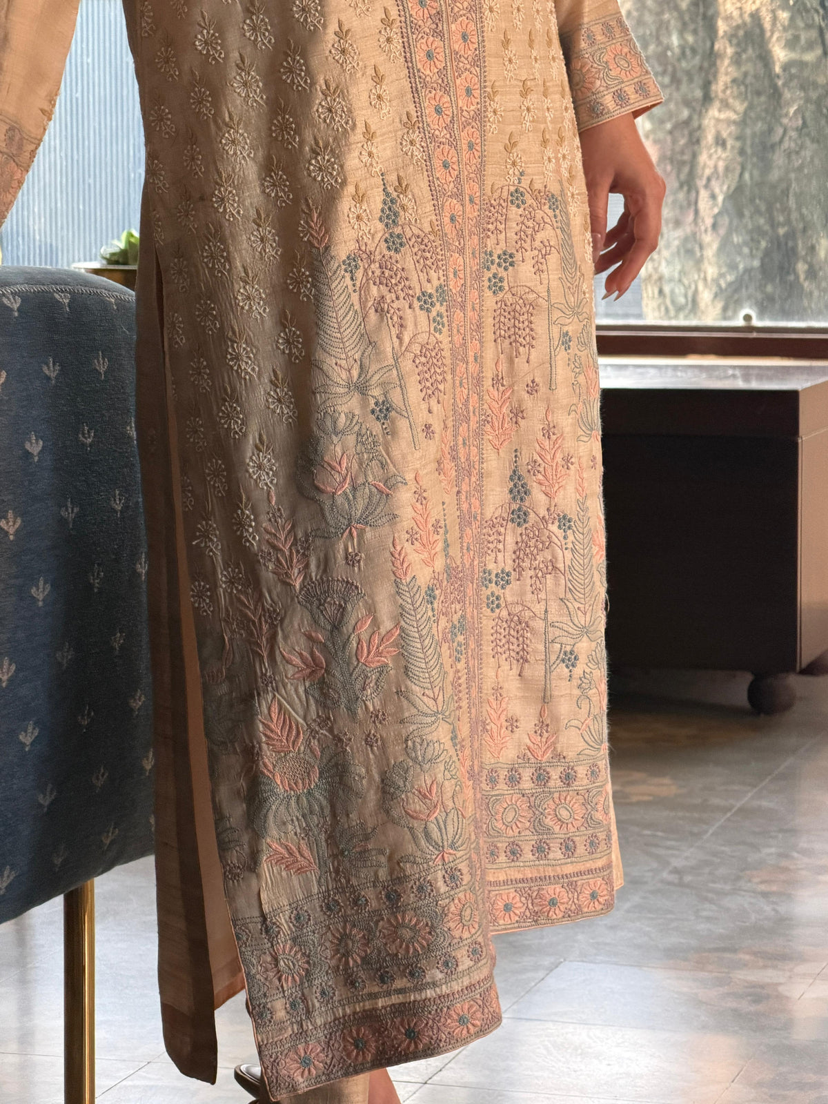 Intricate Natural Tussar Silk Chikankari RTW Jacket Set
