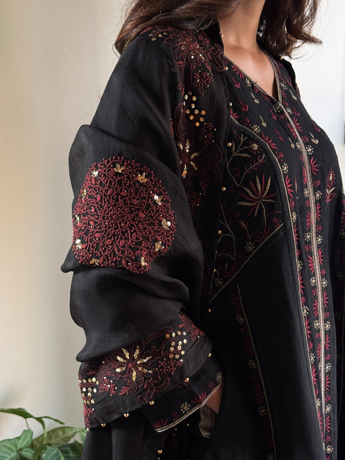 Black & Rust Red Shade Coral Motif Fine Chikankari Organza Mukaish Dupatta