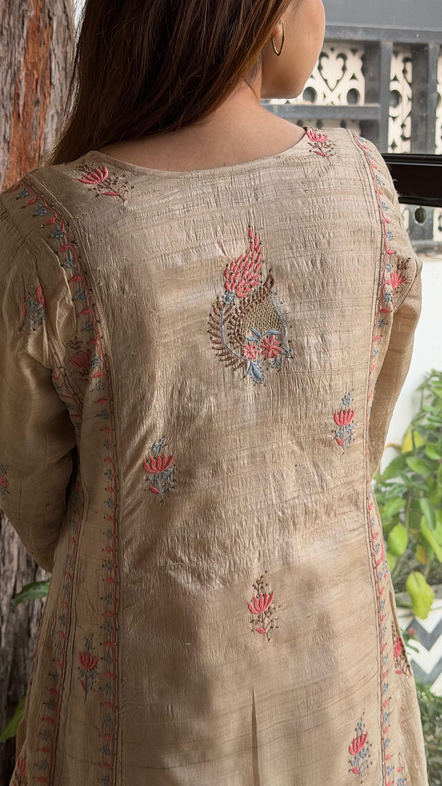 Basak Blue & Peach Natural Tussar Silk Kalidar Chikankari Kurta Set