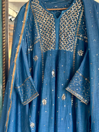 Blue Shade Mukaish Mul Chanderi Silk Dress