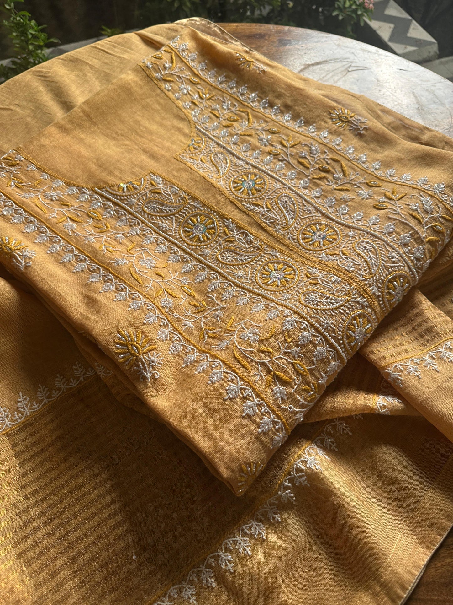 Yellow Tissue Silk Chikankari Unstitched Fabrics