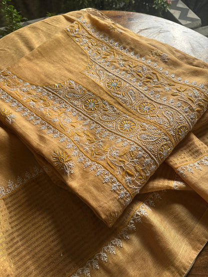 Yellow Tissue Silk Chikankari Unstitched Fabrics