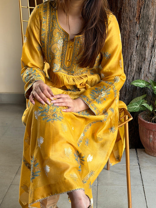 Mango Yellow Zari Chanderi Chikankari Ready to Wear Tunics