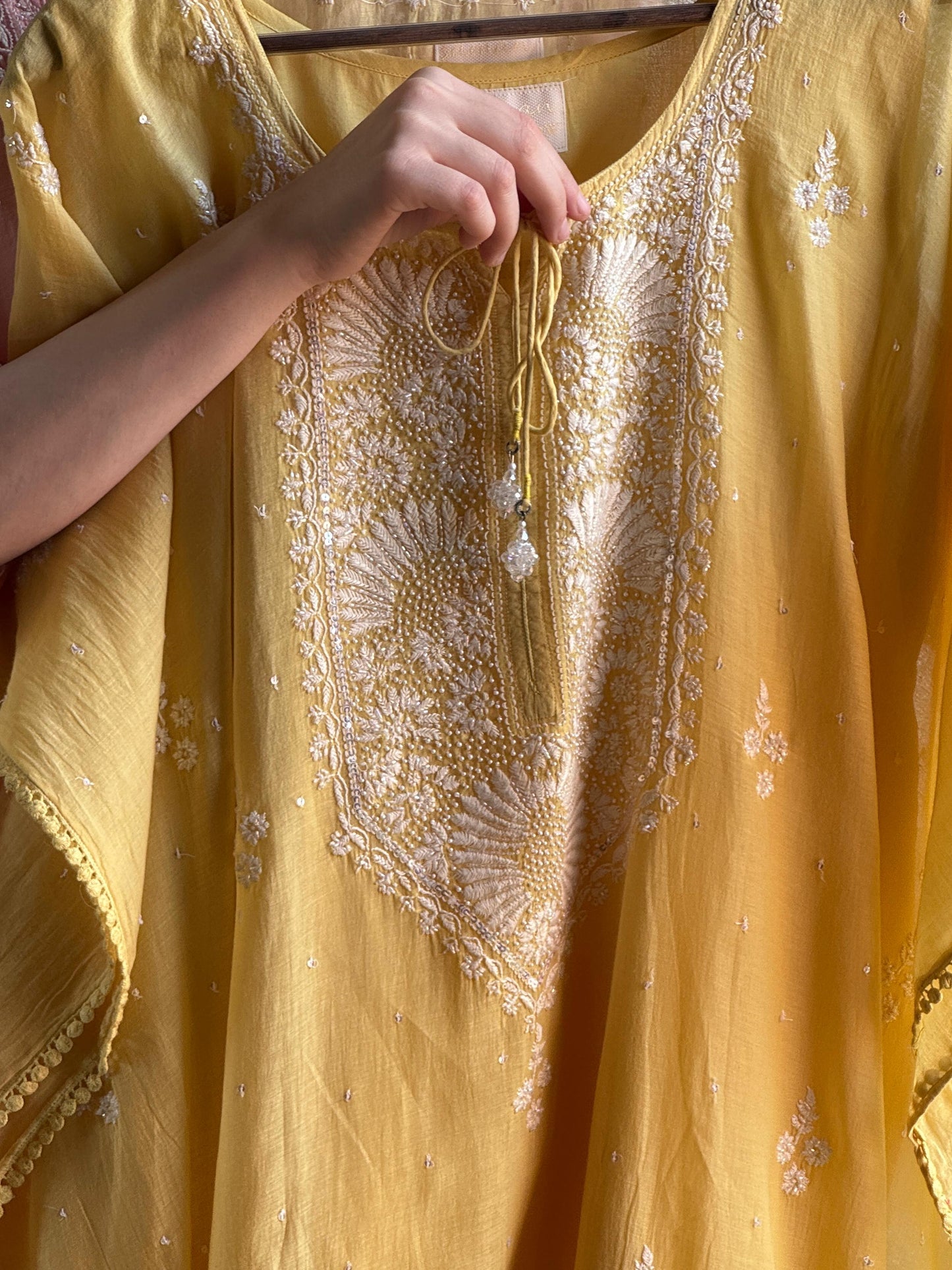 Yellow Malmal Sequinned Chikankari Kaftan