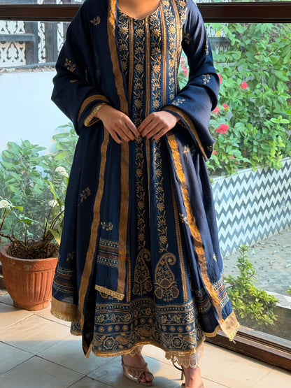 Roheen Blue Moonga Silk Chikankari Anarkali With Dupatta