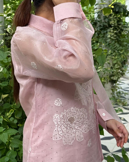 Baby Pink Noor Organza Resham Chikankari Short Top With Bow Tie
