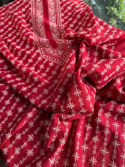 Red Moonga Silk Chikankari Men’s Kurta Fabrics