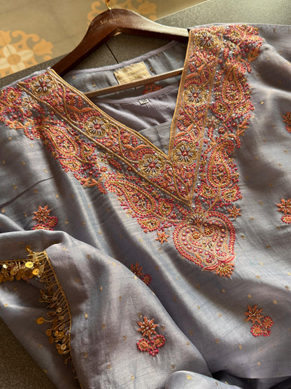 Lavender Zari Chanderi Chikankari Kaftan