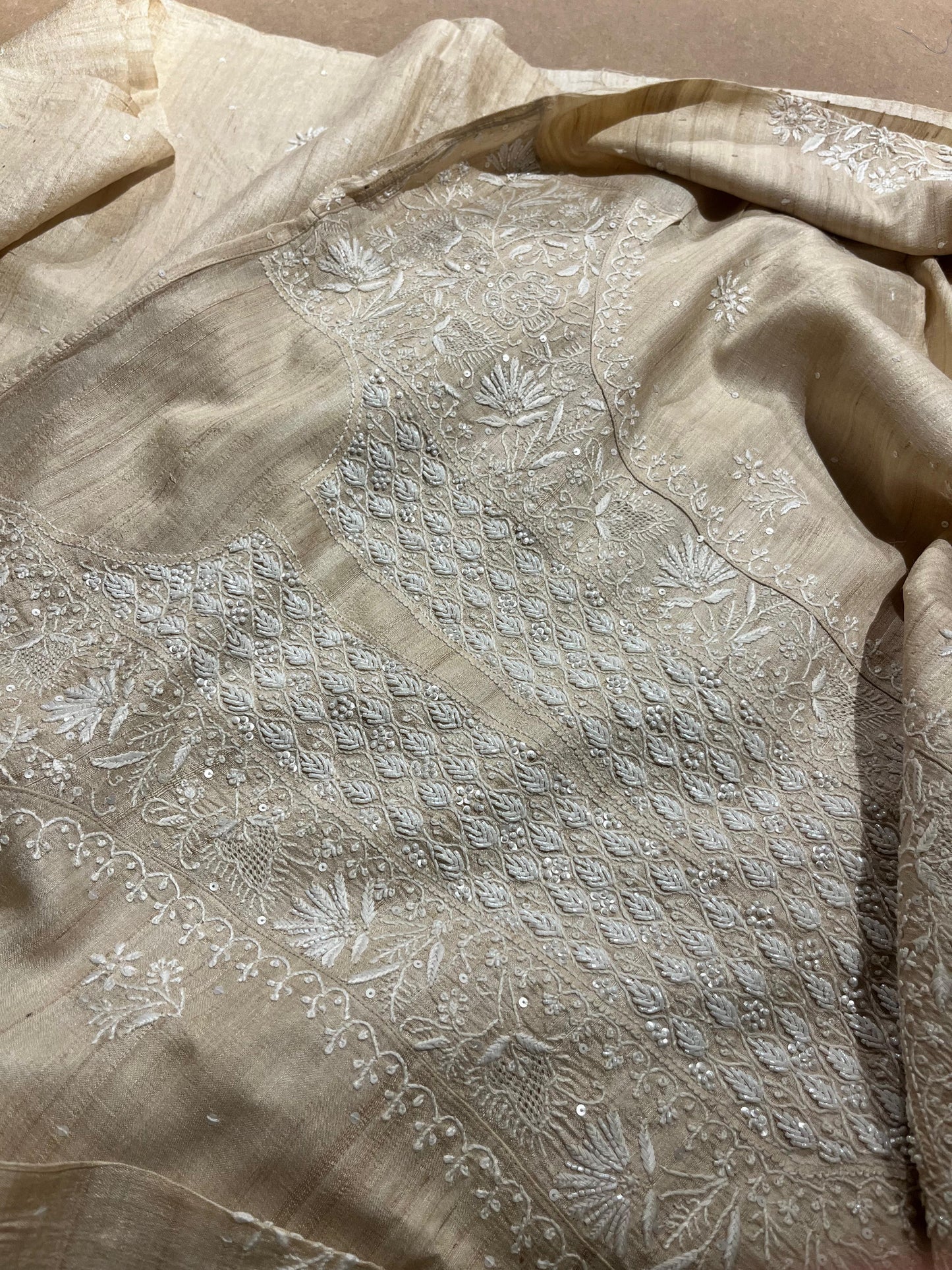 Semi Stitched Natural Tussar Silk Chikankari Kurta Dupatta Set