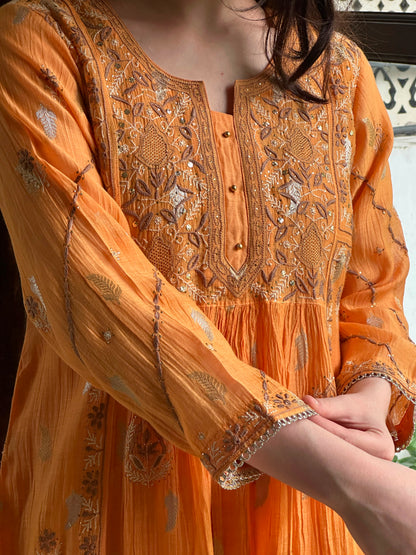 Orange Zari Chanderi Chikankari Ready to Wear Tunics