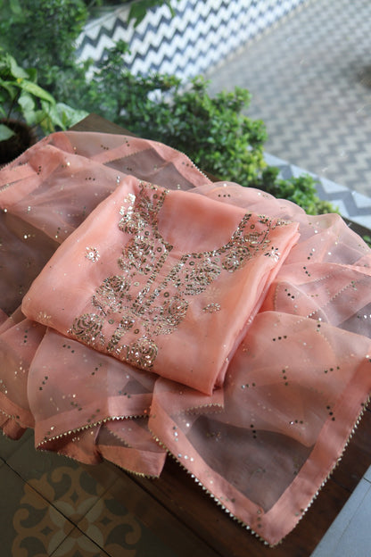 Coral Peach Shade Noor Organza Silk Badla Unstitched Kurta Dupatta Set