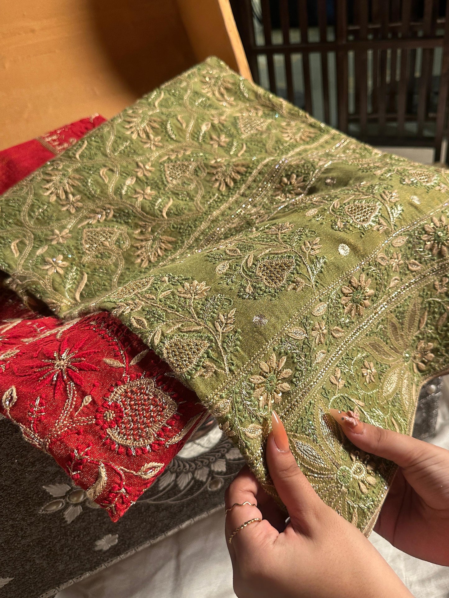 Green Tissue Silk Chikankari Unstitched Fabric
