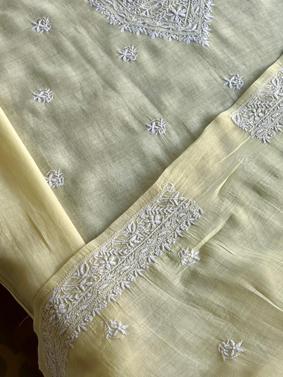 Lemon Yellow Mulmul Chikankari Unstitched Men's Kurtas Fabric