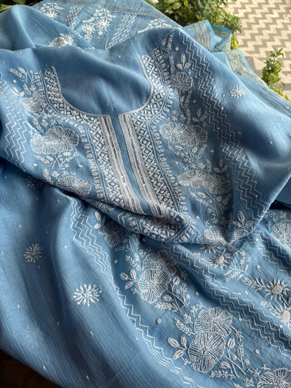 Blue Maheshwari Pearl Work Chikankari Unstitched Fabrics