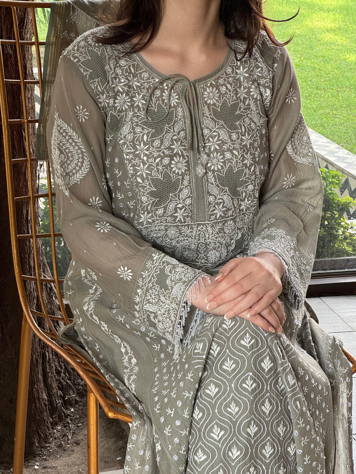 Slate Grey Shade Malmal Pearl Work Chikankari Anarkali