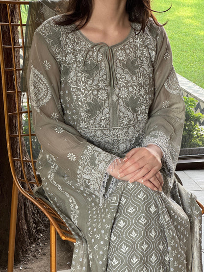 Slate Grey Shade Malmal Pearl Work Chikankari Anarkali