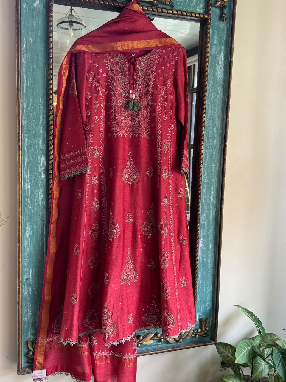 Brick Red Moonga Silk Chikankari Anarkali With Dupatta
