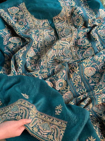 Peacock Blue Shade Moonga Silk Chikankari Unstitched Fabric