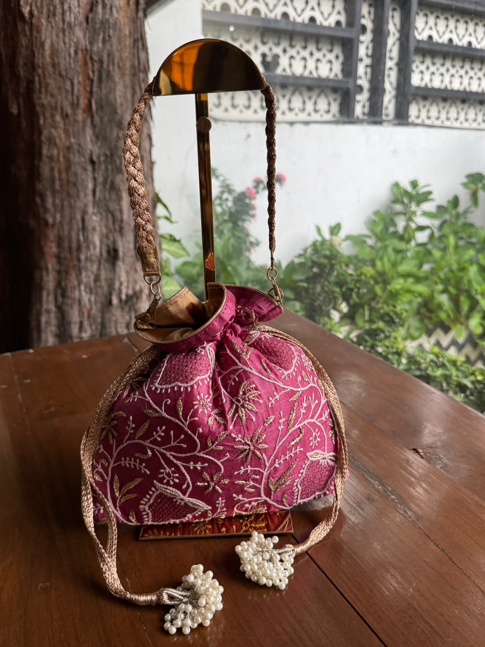 Plum Pink Silk Chikankari Ari & Kasab Work Potli Bag