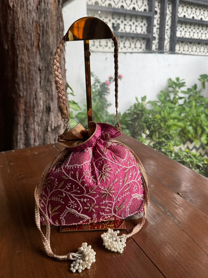 Plum Pink Silk Chikankari Ari & Kasab Work Potli Bag