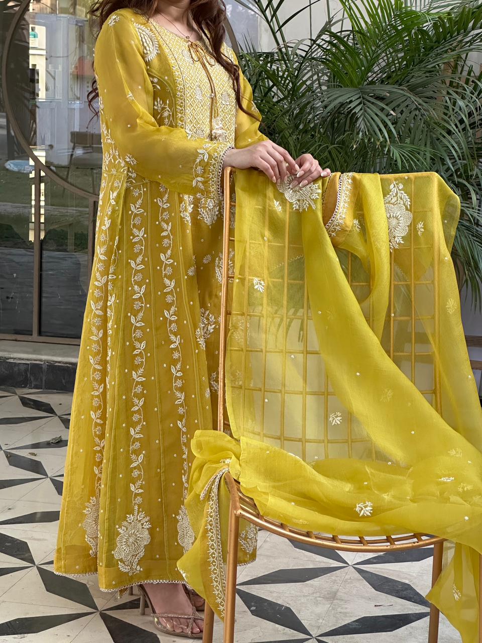 Yellow Noor Organza Chikankari Anarkali Kurta With Dupatta