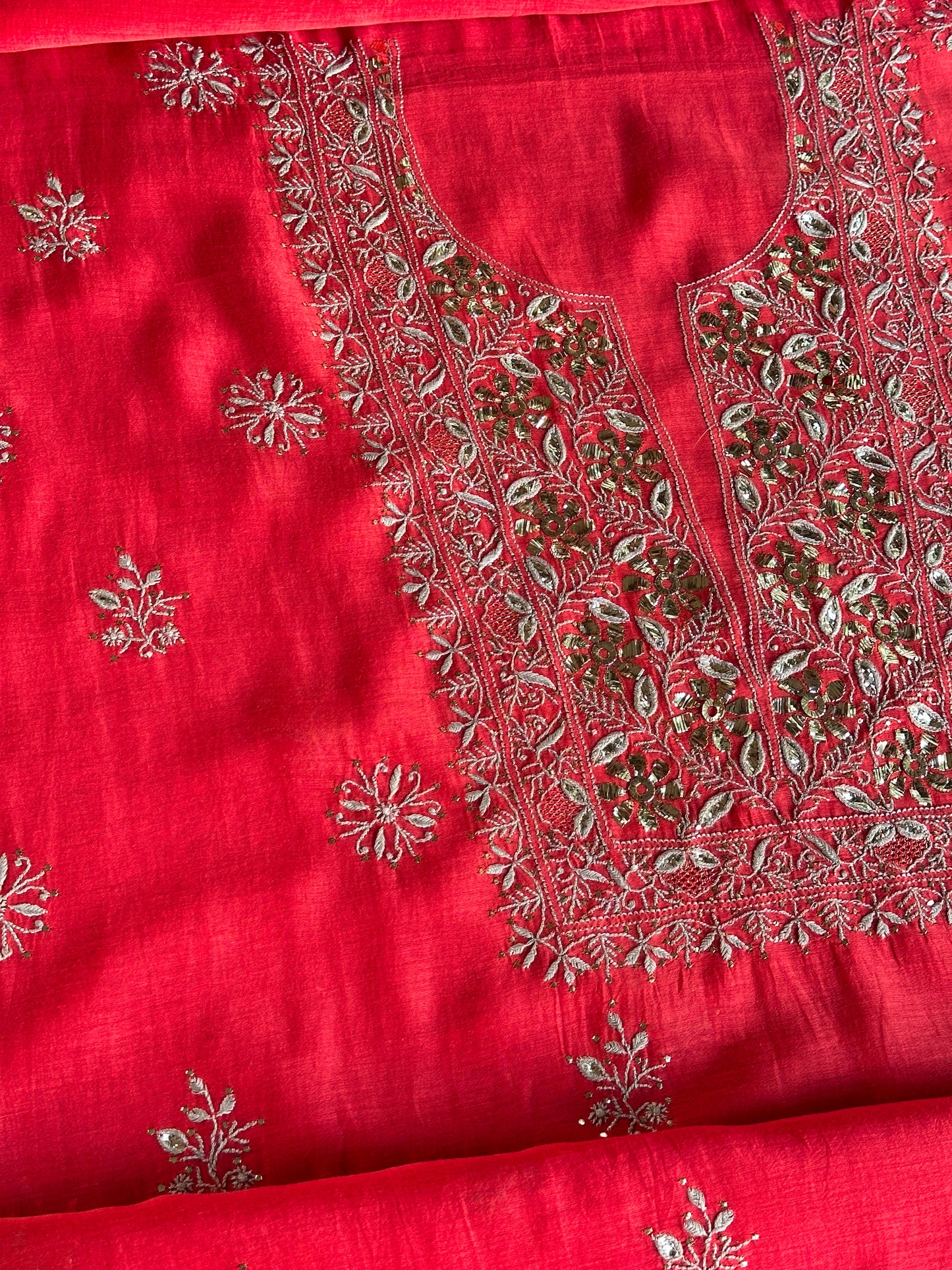 Red Shade Mal Cotton Chikankari Unstitched Kurta Dupatta Fabric With Mukaish Badla