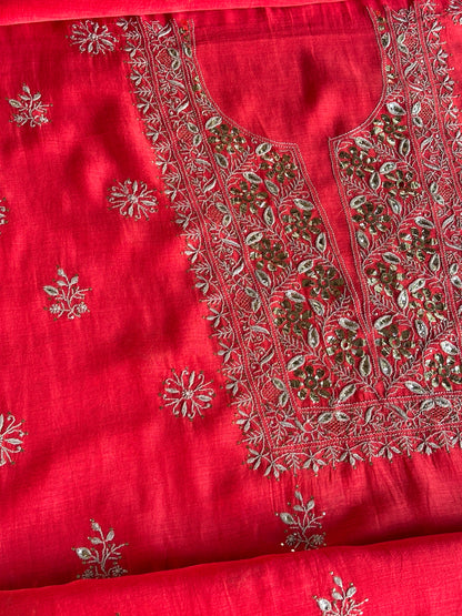Red Shade Mal Cotton Chikankari Unstitched Kurta Dupatta Fabric With Mukaish Badla