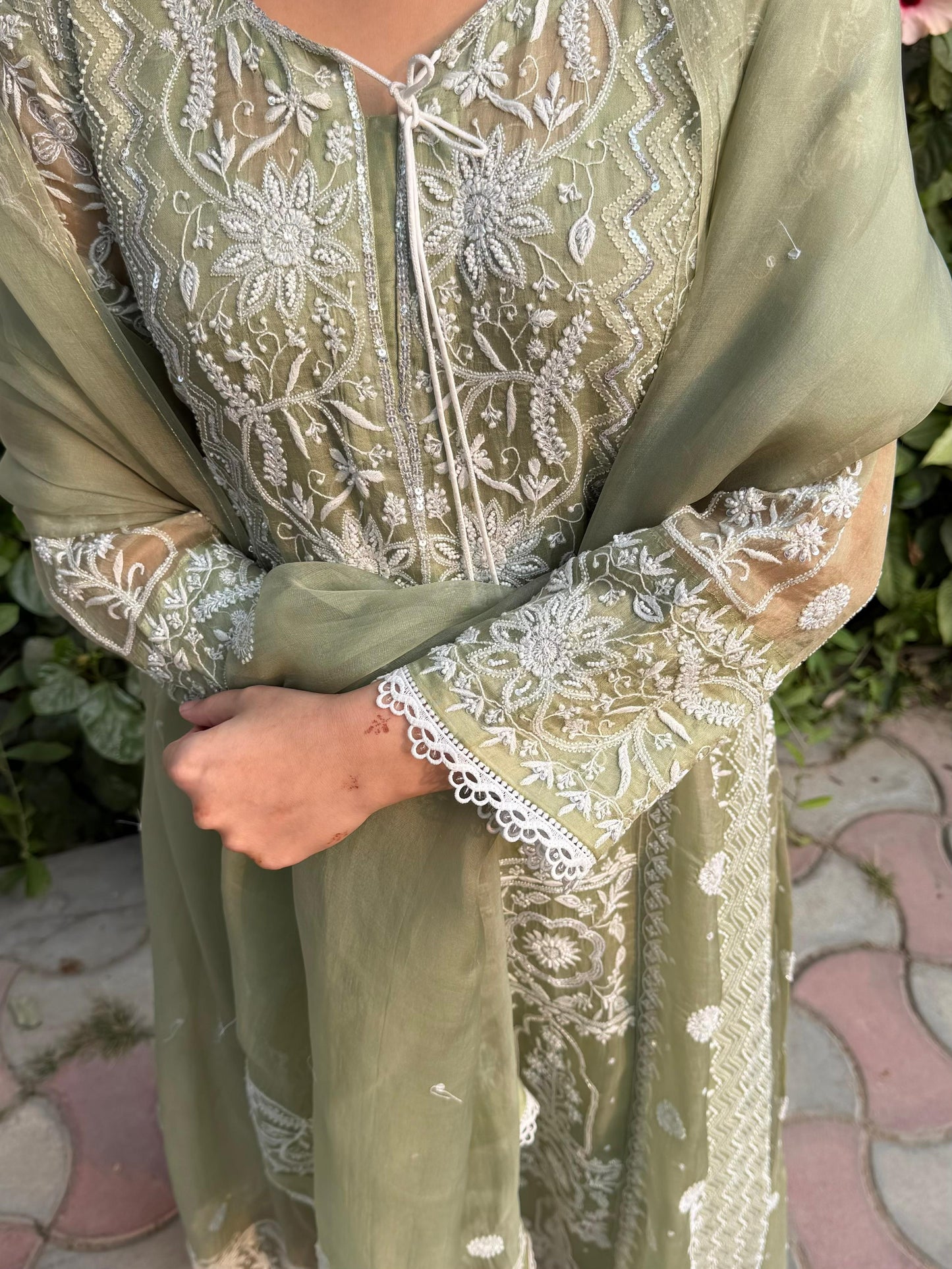 Green Noor Organza Chikankari Anarkali Kurta With Dupatta