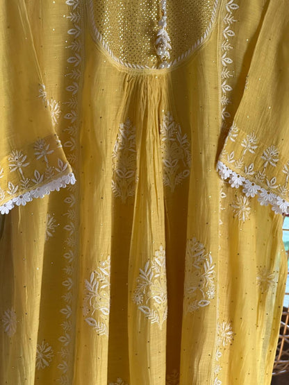 Yellow Mal Mukaish Kamdani Chikankari Kurta Dupatta Set