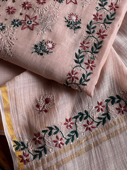 Beige Multi Mul Chanderi Silk Kalamkari Unstitched Kurta Dupatta Set