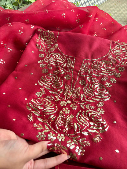Berry Red Chanderi Silk Mukaish Badla Unstitched Fabrics