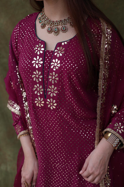 Mukaish Kamdani Plum shade Pure Georgette Kurta Gharara Set with Organza Dupatta